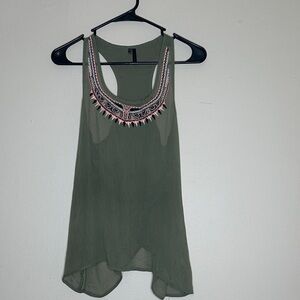 Maurices Olive Green Tank Top with Pink Embroidery